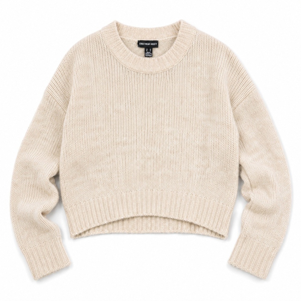 Streetwear Society Cropped Knit Sweater Beige Boxy Crew Neck Women's Medium
